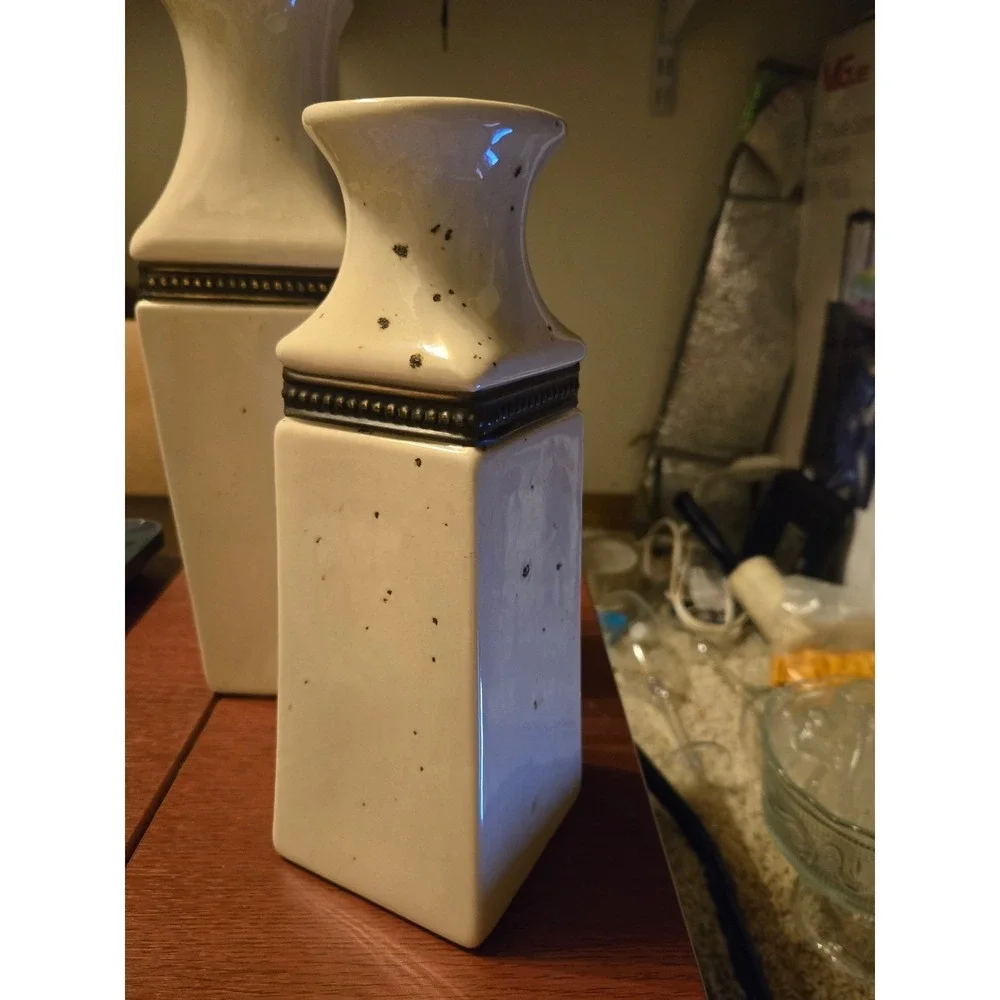Cream Speckled Ceramic Vase Set Square Tapered Metallic Trim 2 Piece Home Decor